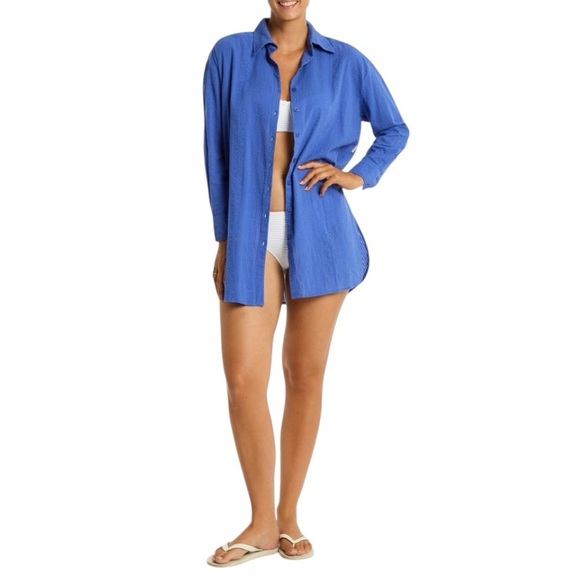 Seasalt Cornwall Blue Textured Cotton Blend Button Down Shirt SZ M New - Picture 1 of 6